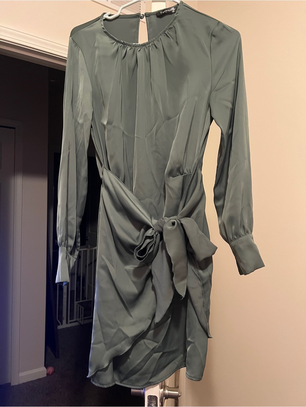 Amazon Sage Green Long Sleeve Tie-Front Dress